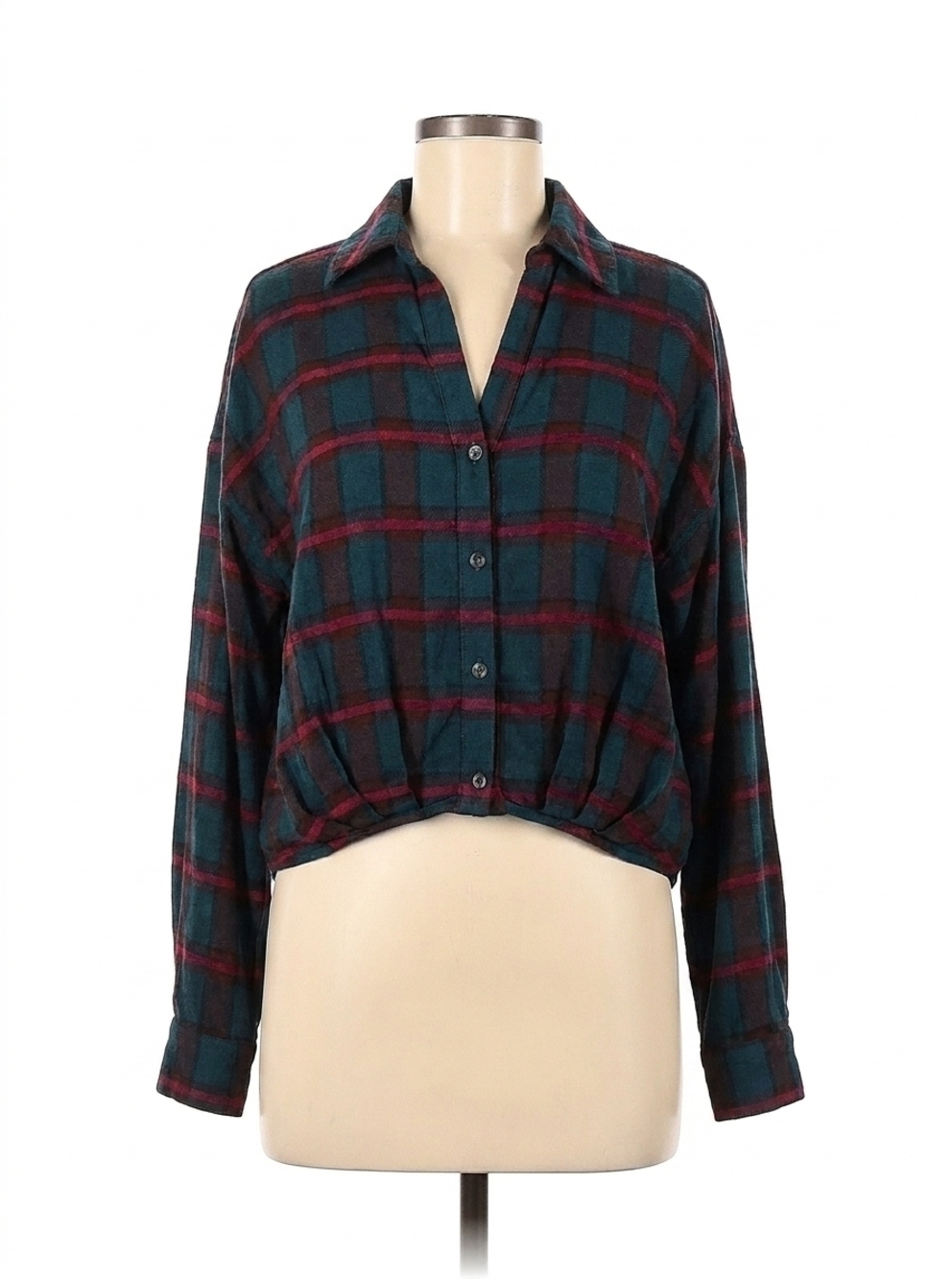 NEW KUT FROM THE KLOTH tessa crop long sleeve button down top in navy/wine